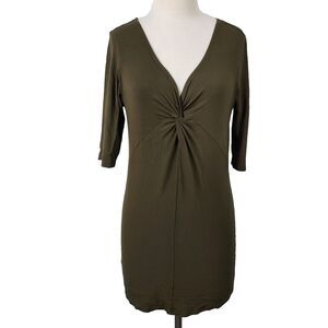 Eileen Fisher Tunic Top Size Small Olive Green Twist V Neck Stretch Elbow Sleeve